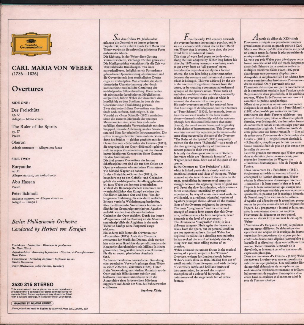 Herbert Von Karajan / Berlin Philharmonic Orchestra - Carl Maria Von Weber - Overtures - Lp
