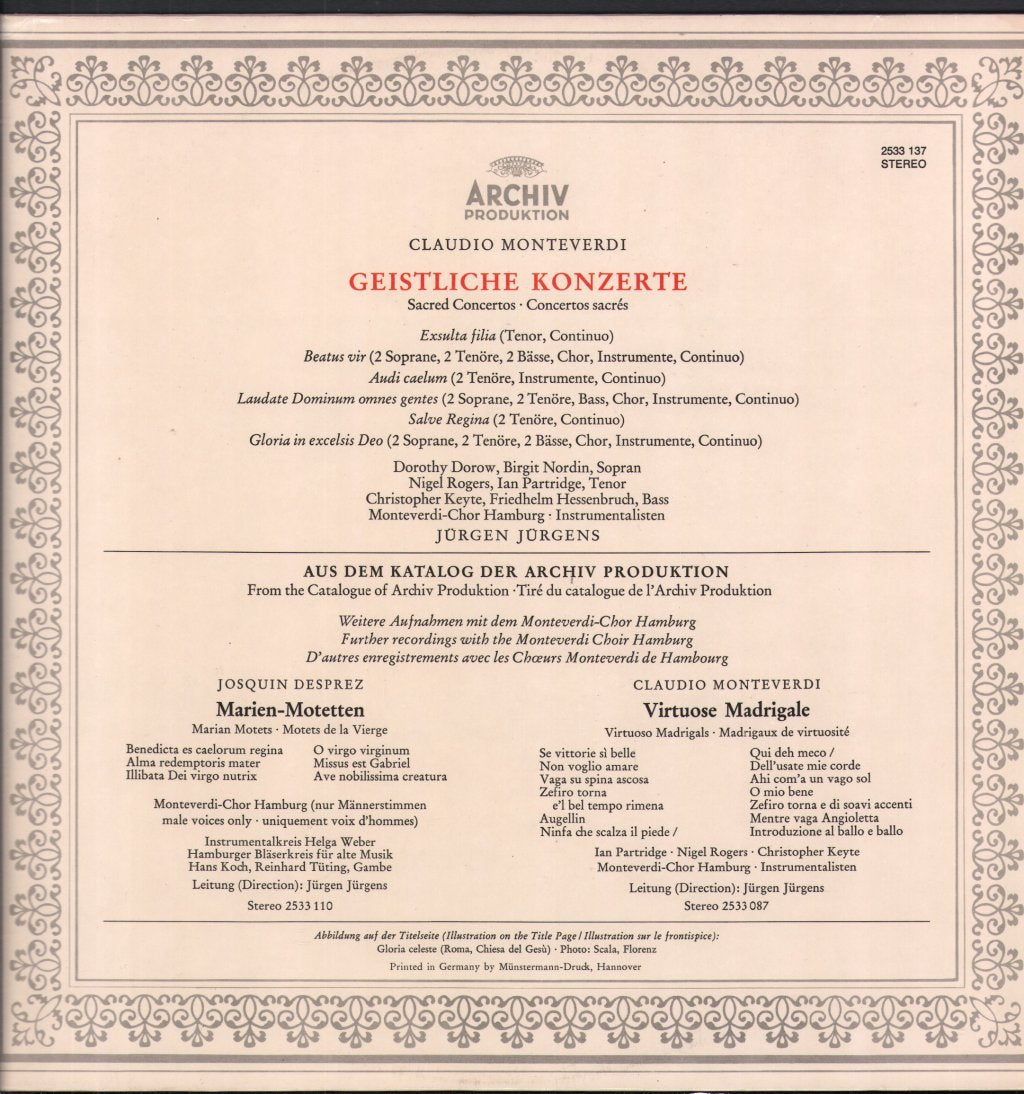 Dorothy Dorow / Birgit Nordin / Nigel Rogers / Ian Partridge / Monteverdi-Chor Hamburg - Claudio Monteverdi - Geistliche Konzerte - Lp