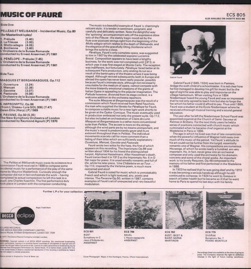 Ernest Ansermet / L'Orchestre De La Suisse Romande - Music Of Faure - Lp