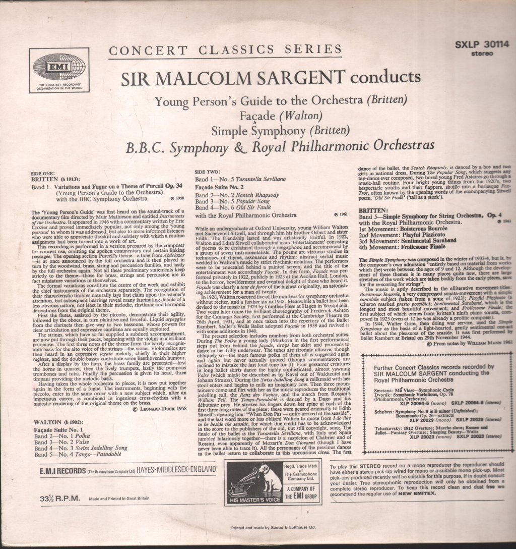 Sir Malcolm Sargent / B.B.C. Symphony Orchestra / Royal Philharmonic Orchestra - Britten - Young Person's Guide To The Orchestra / Walton - Facade / Simple Symphony - Lp