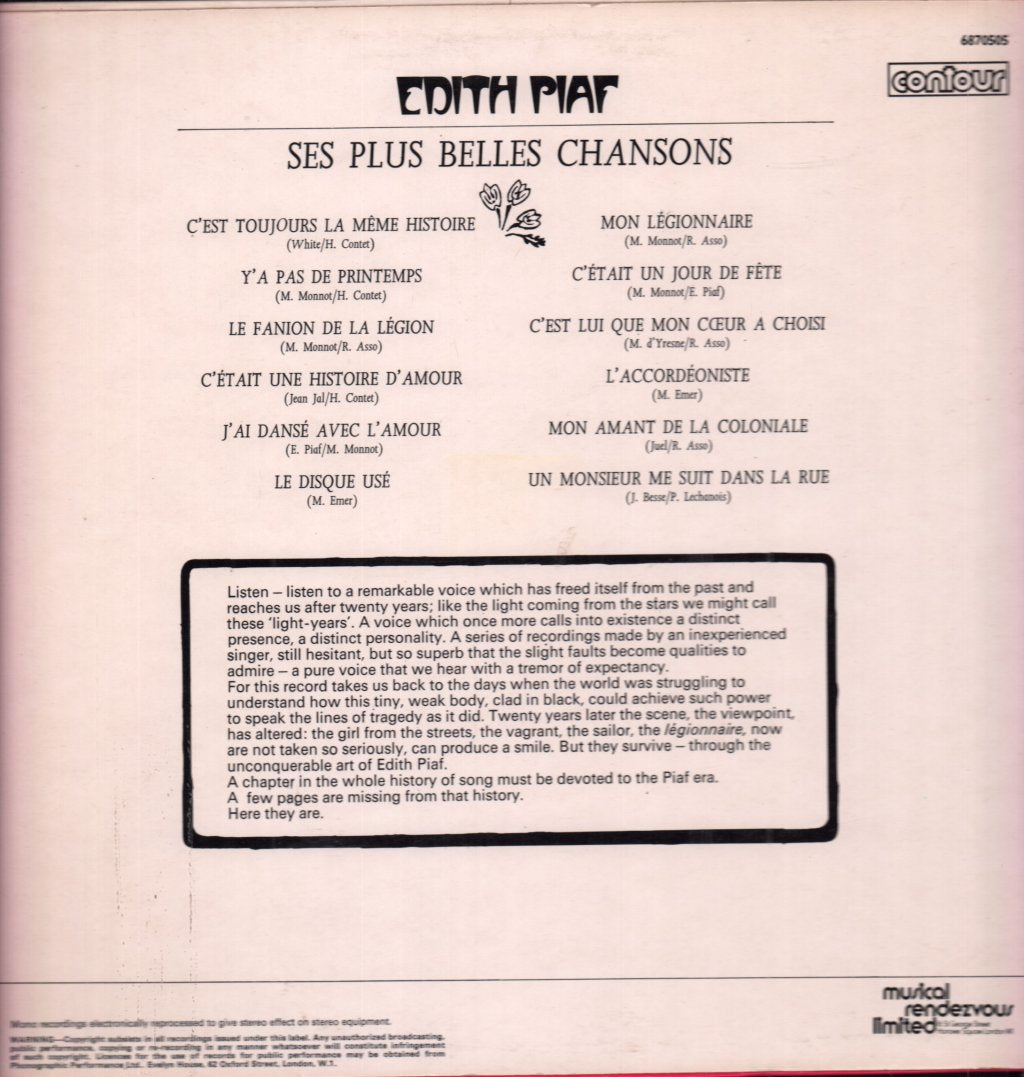 Edith Piaf - Ses Plus Belles Chansons - Lp