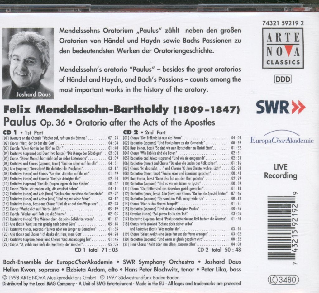 Bach Ensemble Der EuropaChorAkademie, SWR Symphony Orchestra, Joshard Daus - Felix Mendelssohn-Bartholdy - Paulus - Double Cd