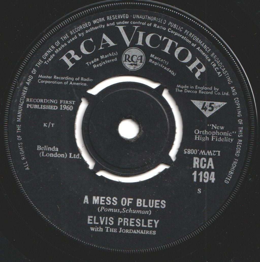 Elvis Presley With The Jordanaires - A Mess Of Blues - 7 Inch