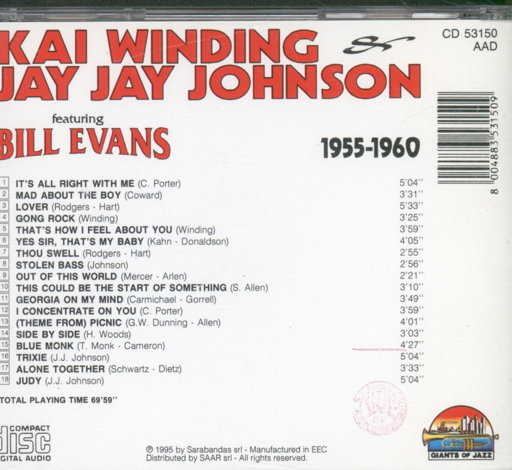 J.j. Johnson - Kai Winding, Jay Jay Johnson Featuring Bill Evans 1955-1960 - Cd