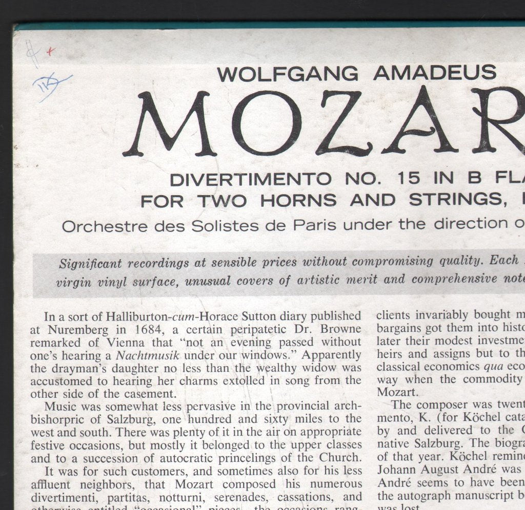 Orchestre des Solistes de Paris / Louis Martin - Wolfgang Amadeus Mozart - Divertimento No. 15 In B Flat For Two Horns And Strings, K.287 - Lp