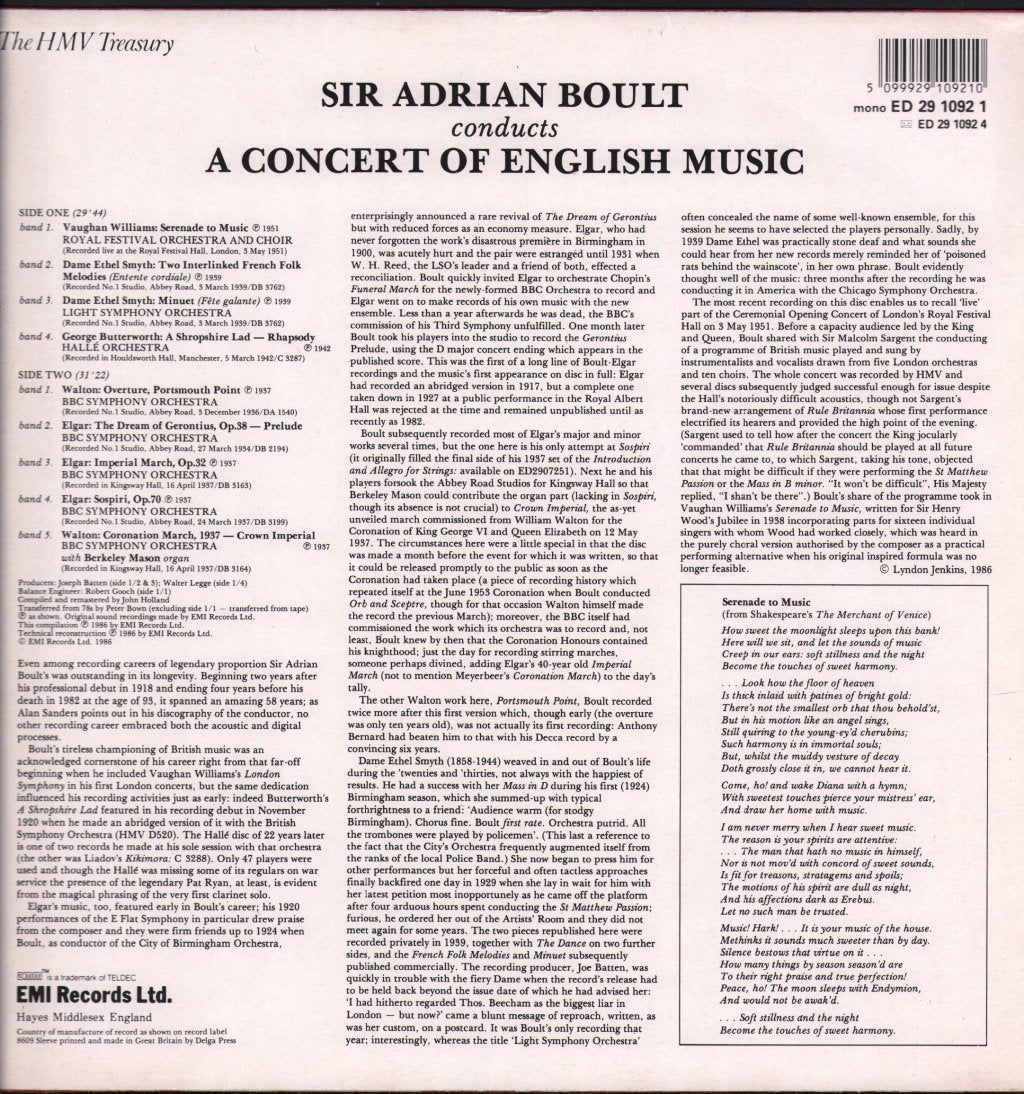 Sir Adrian Boult - Sir Adrian Boult Conducts A Concert of English Music - Lp