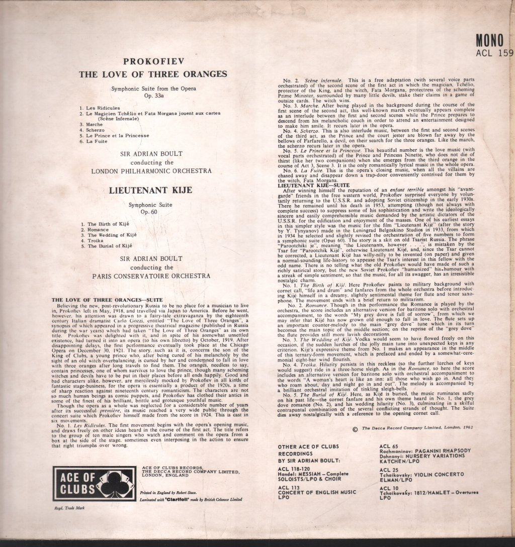 Sir Adrian Boult / London Philharmonic / Paris Conservatoire Orchestra - Prokofiev - Love Of Three Oranges / Lieutenant Kije - Lp