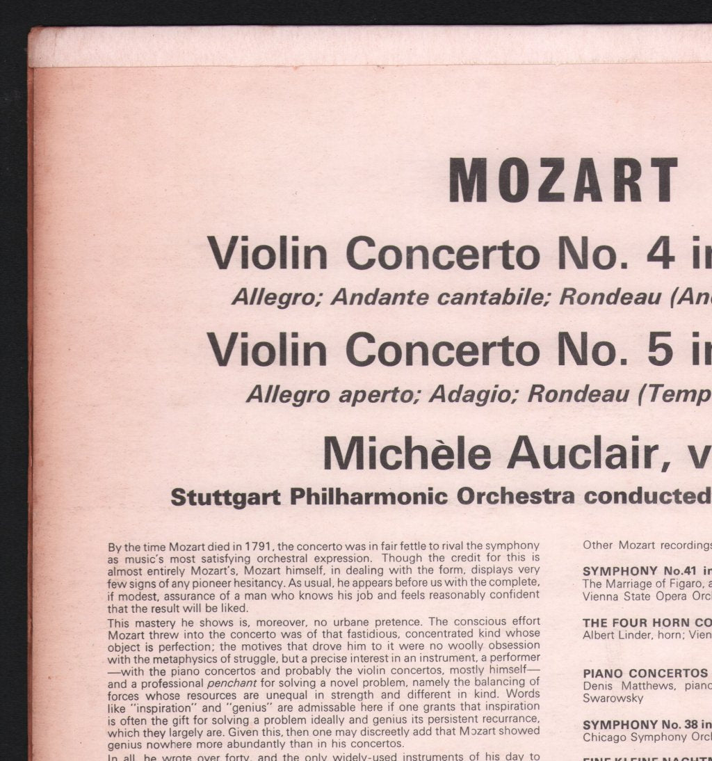 Michele Auclair / Stuttgart Philharmonic Orchestra - Mozart Violin Concertos No.4 / No.5 - Lp