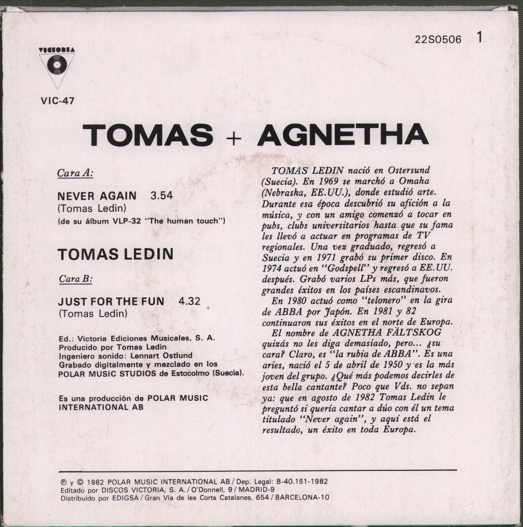 Tomas Ledin And Agnetha Faltskog - Never Again - 7 Inch