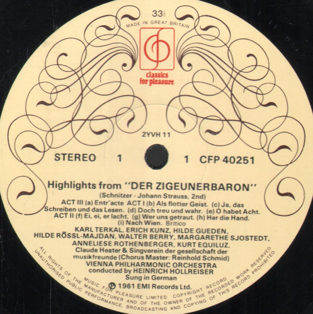 Vienna Philharmonic Orchestra / Heinrich Hollreiser - Johann Strauss - Highlights From "Die Fledermaus" And "The Gypsy Baron" - Lp