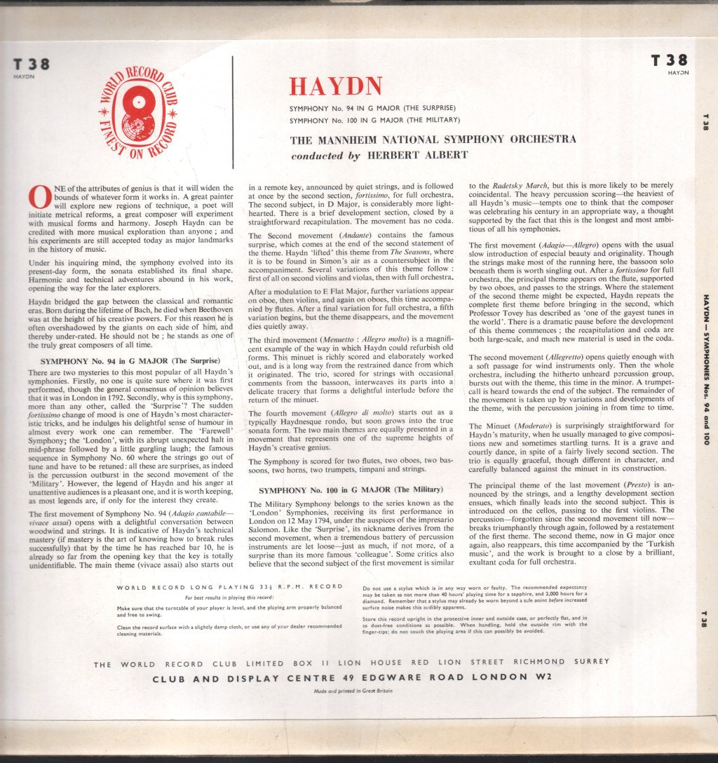 Mannheim National Symphony Orchestra / Herbert Albert - Haydn - Symphony No. 94 (The Surprise) Symphony No. 100 (The Military) - Lp