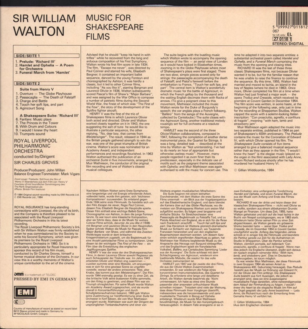 Sir Charles Groves / Royal Liverpool Philharmonic Orchestra - William Walton - Music For Shakespeare Films - Hamlet, Henry V, Richard III - Lp