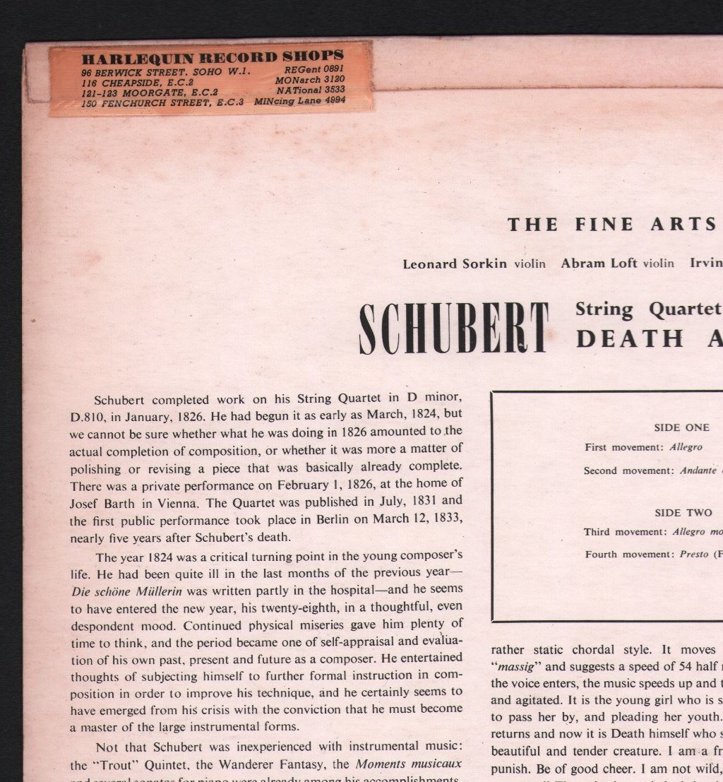 Fine Arts Quartet - Franz Schubert - String Quartet In D Minor, D.810, "Death And The Maiden" - Lp