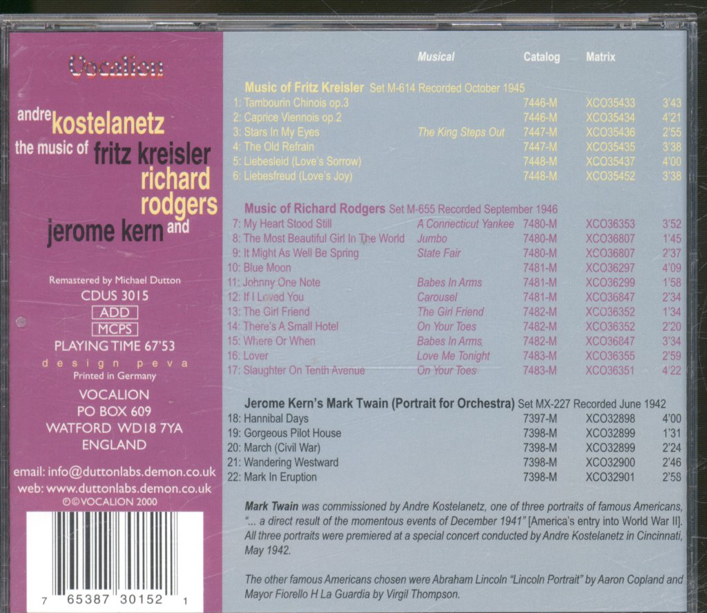 Andre Kostelanetz And His Orchestra - Music Of Fritz Kreisler, Richard Rodgers & Jerome Kern - Cd