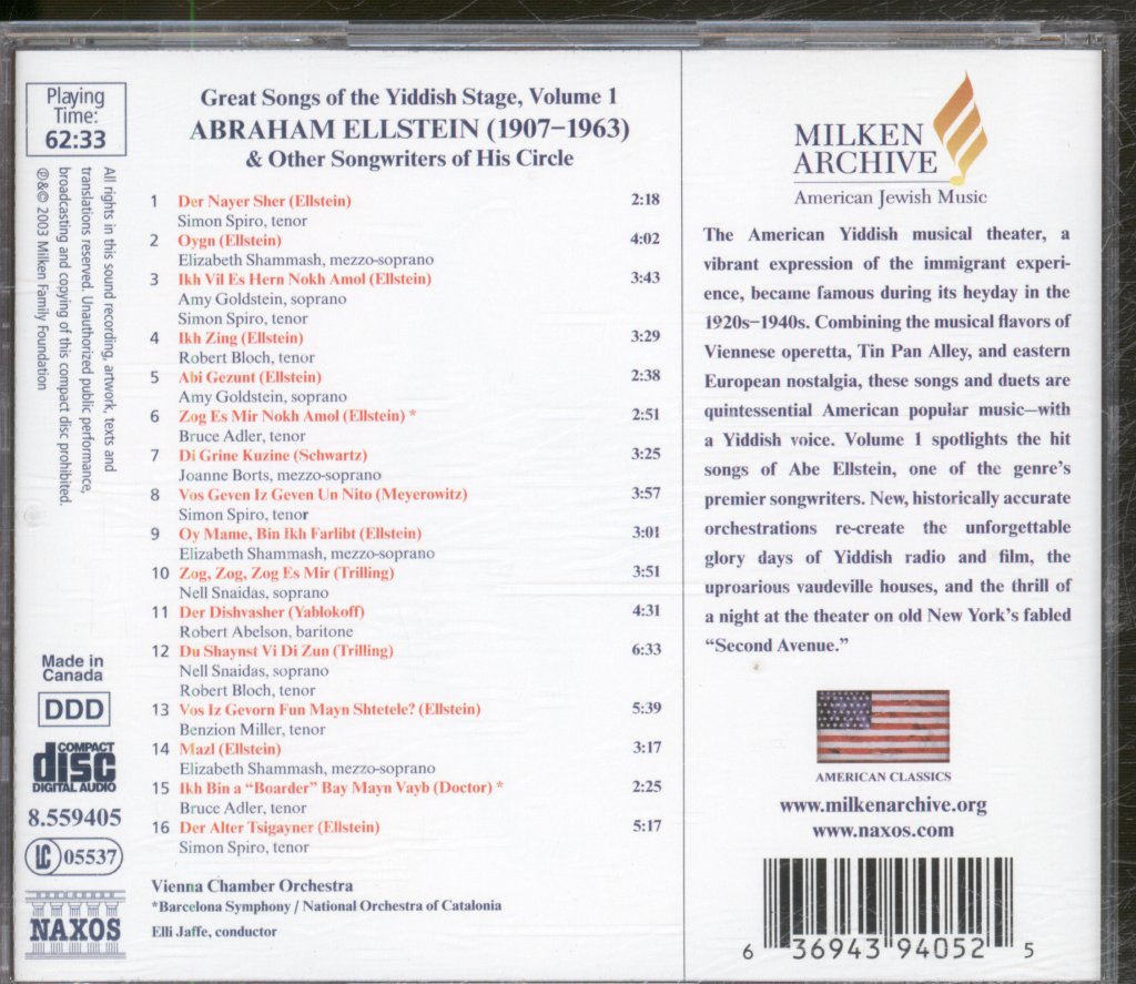 Vienna Chamber Orchestra, Elli Jaffe - Abraham Ellstein - Great Songs Of The Yiddish Stage, Volume 1 - Cd