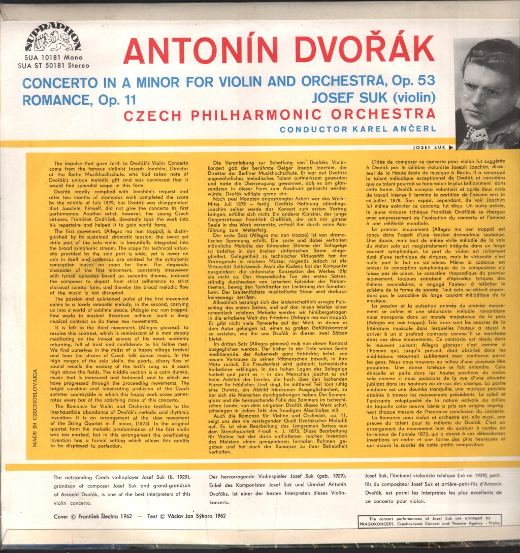 Josef Suk / Czech Philharmonic Orchestra - Dvorak - Violin Concerto / Romance For Violin - Lp