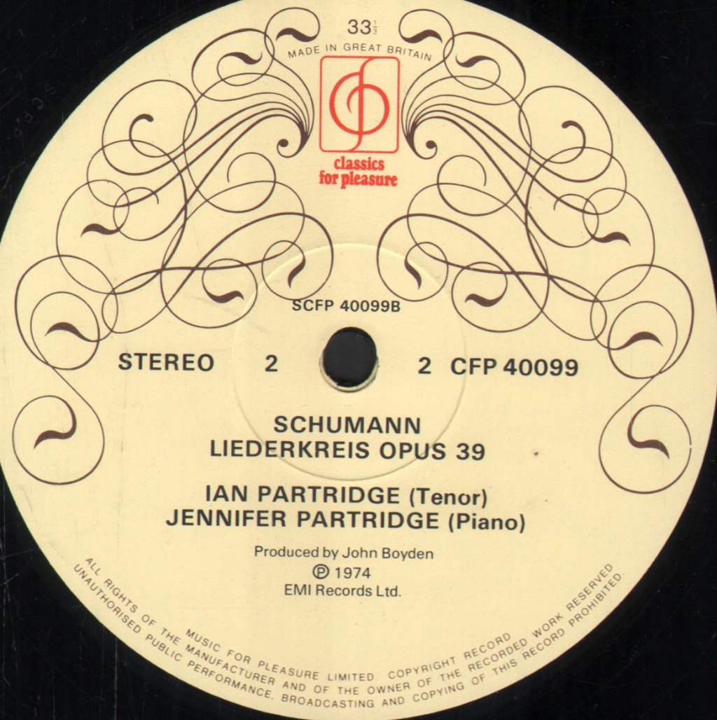 Ian Partridge / Jennifer Partridge - Ian Partridge sings Schumann's Dichterliebe, Op. 48 and Liederkreis, Op. 39, Jennifer Partridge, Piano - Lp