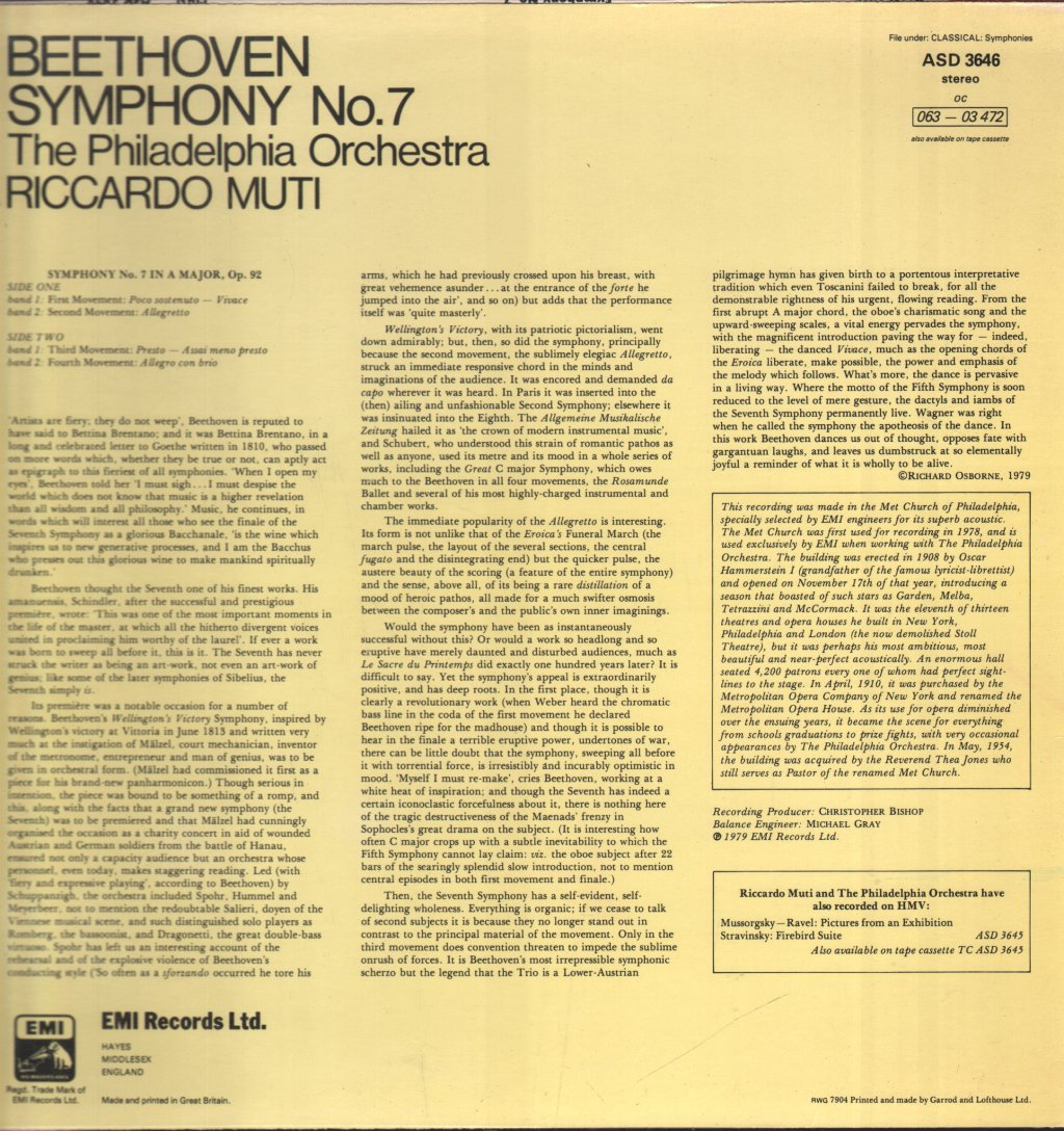 Riccardo Muti / Philadelphia Orchestra - Beethoven - Symphony No. 7 - Lp