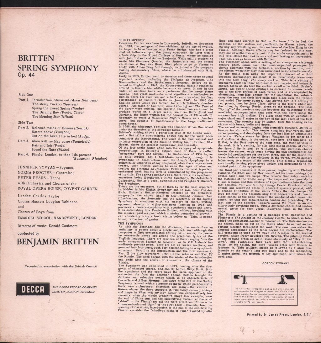 Benjamin Britten / Jennifer Vyvyan / Norma Procter / Peter Pears / Orchestra Of The Royal Opera House, Covent Garden - Benjamin Britten - Spring Symphony - Lp