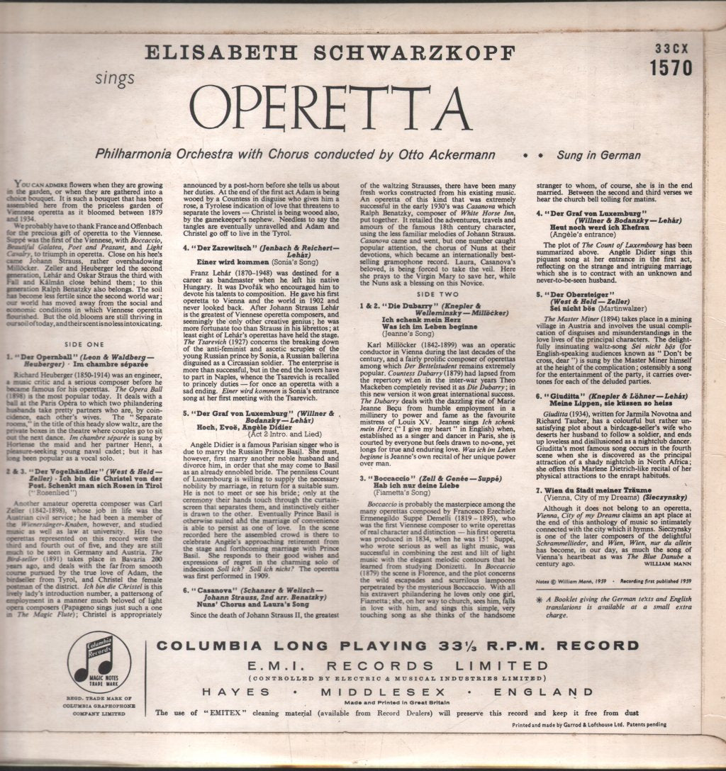 Elisabeth Schwarzkopf / Otto Ackermann / Philharmonia Orchestra - Elisabeth Schwarzkopf Sings Operetta - Lp