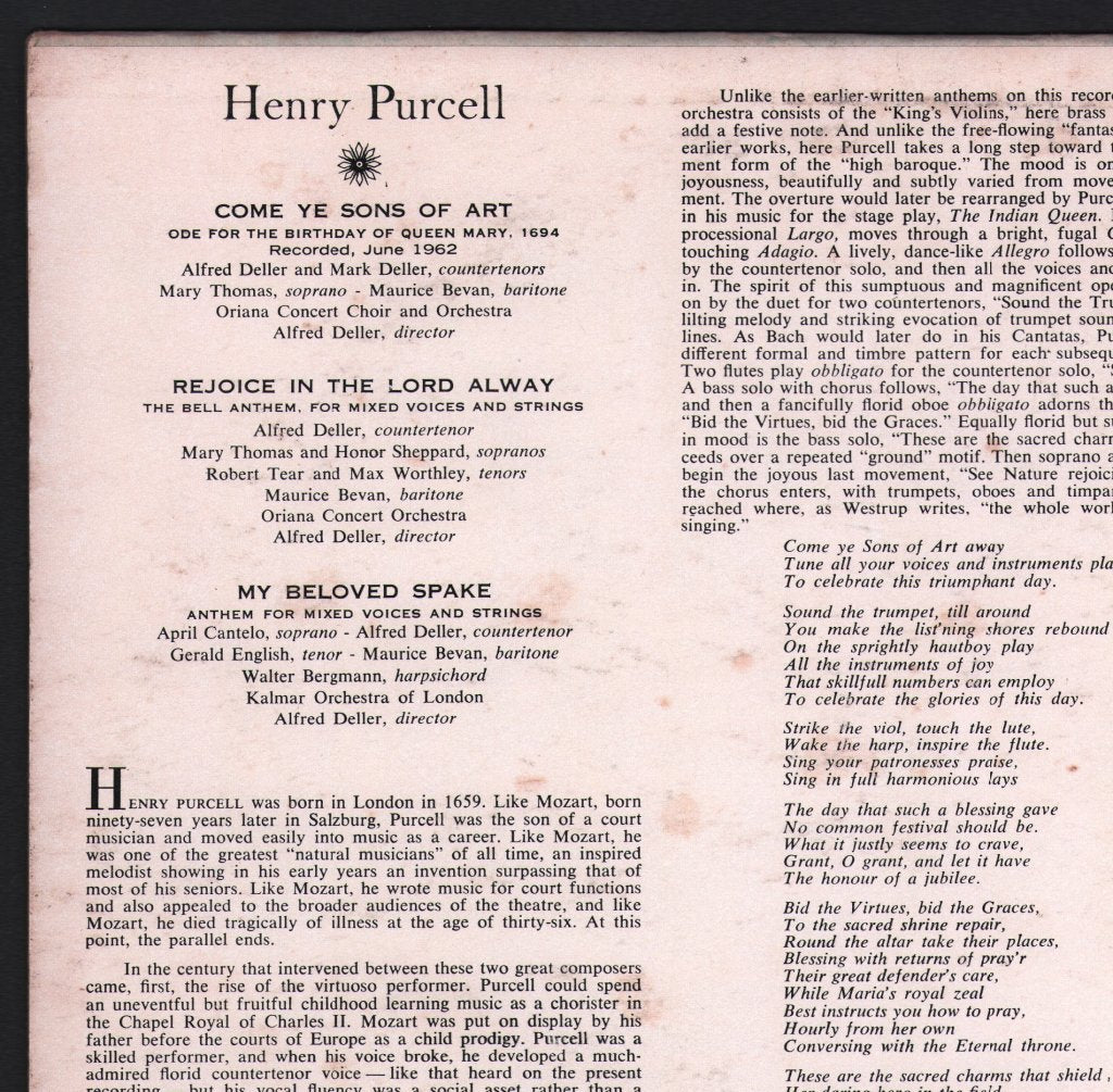 Alfred Deller /  Mark Deller / Oriana Concert Choir & Orchestra - Henry Purcell - Come Ye Sons Of Art - Lp