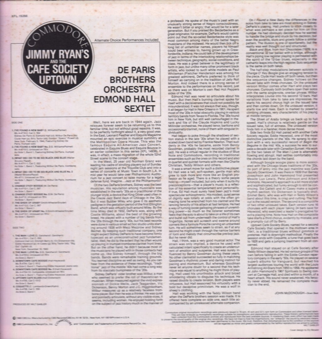 De Paris Brothers, Edmond Hall - Jimmy Ryan's & The Uptown Cafe Society - Lp