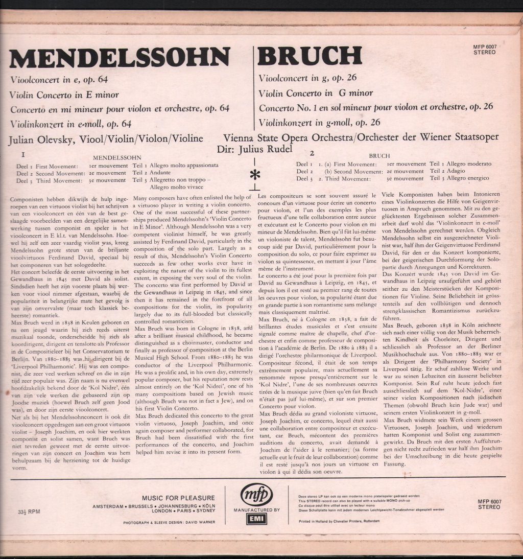 Julian Olevsky / Julius Rudel / Vienna State Opera Orchestra - Mendelssohn / Bruch - Violin Concertos - Lp