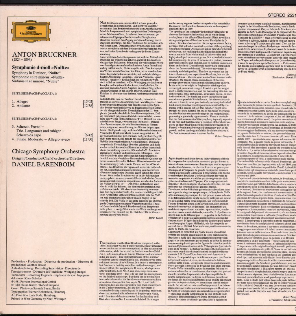 Daniel Barenboim / Chicago Symphony Orchestra - Anton Bruckner - Symphonie Nr. 0 - Lp