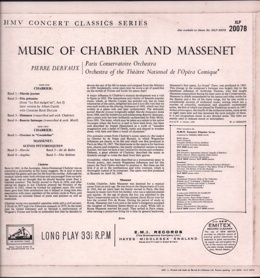 Pierre Dervaux / Paris Conservatoire Orchestra / Paris Opera Comique Orchestra - Massenet - Scenes Pittoresques / Chabrier - Joyeuse Marche - Lp