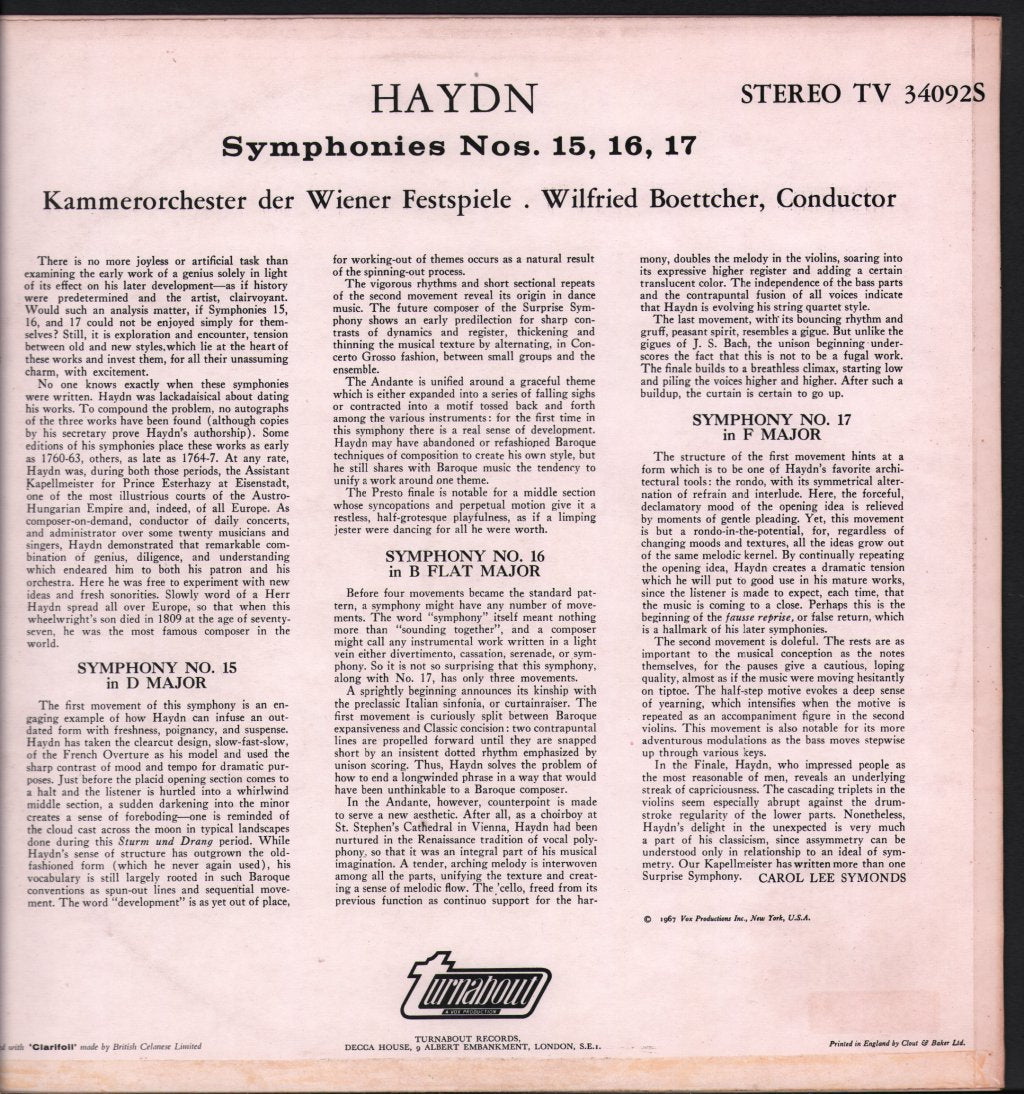 Wilfried Boettcher / Kammerorchester Der Wiener - Haydn Symphonies Nos.15 / 16 / 17 - Lp