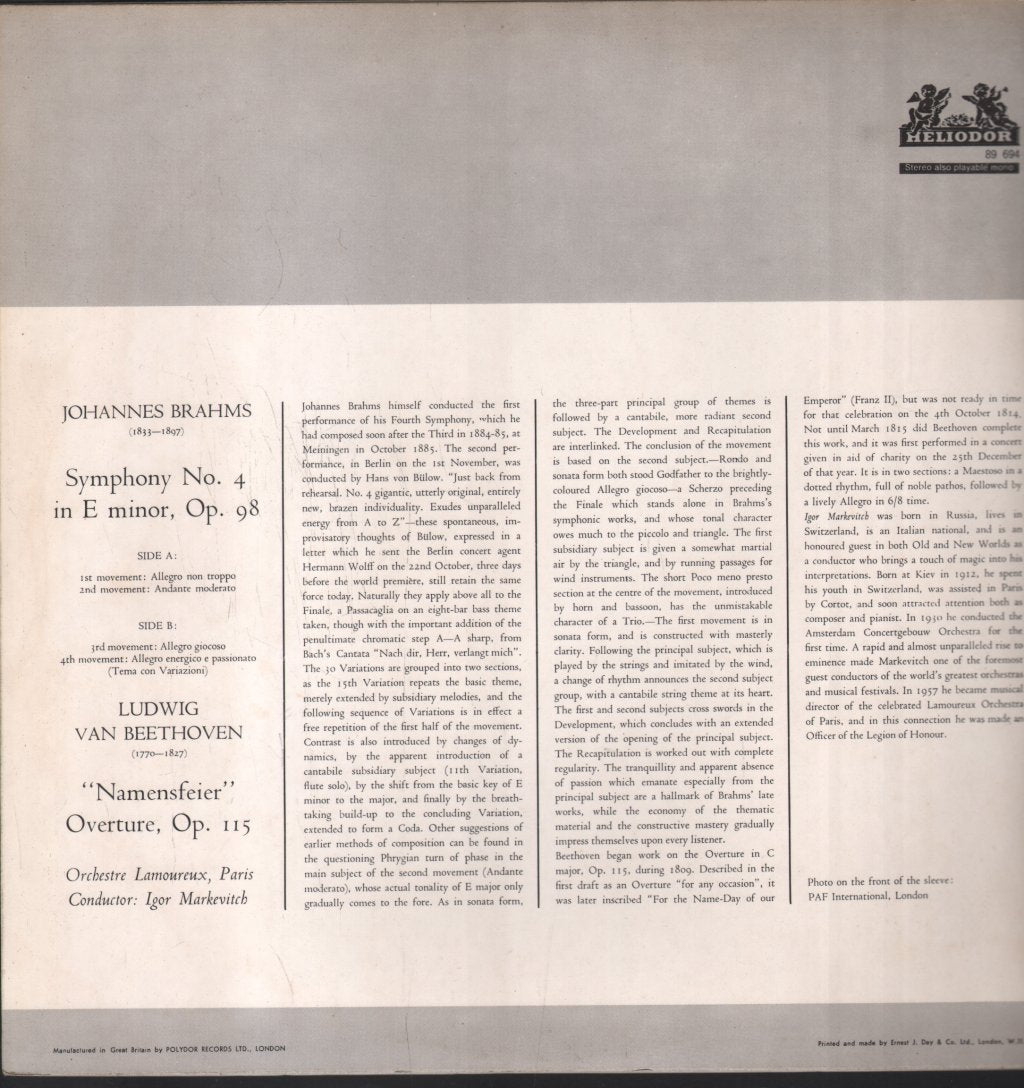 Igor Markevitch / Lamoureux Orchestra - Brahms - Symphony No. 4 in E Minor, Op. 98 / Beethoven - "Namensfeier" Ouverture, Op. 115 - Lp