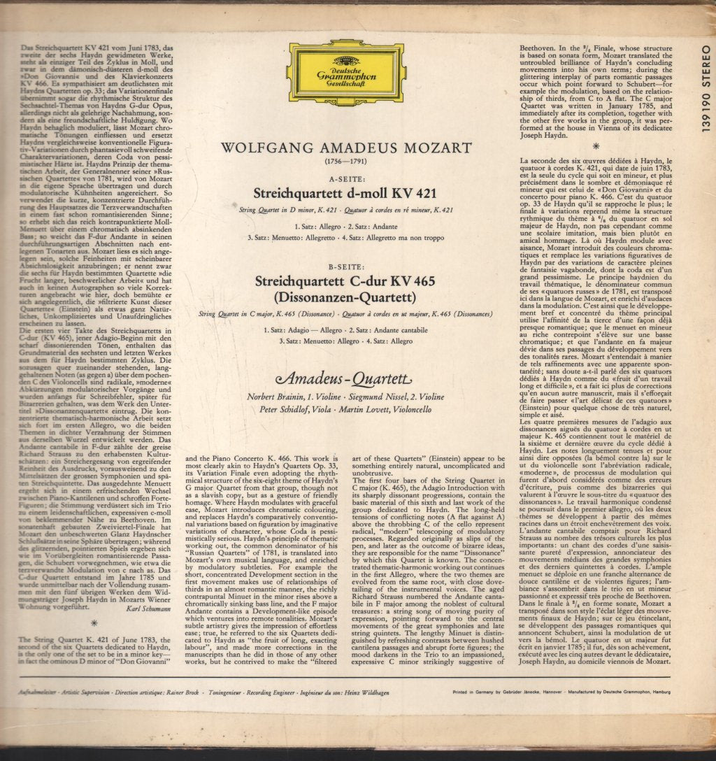 Amadeus-Quartett - Wolfgang Amadeus Mozart - Streichquartette D-Moll KV 421 Und C-Dur KV 465 - Lp