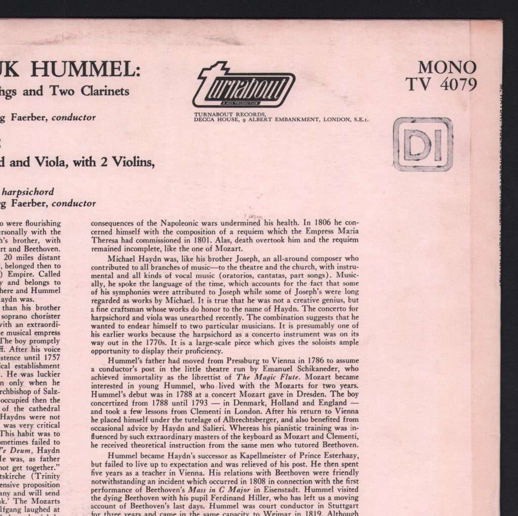 Ernst Wallfisch / Lory Wallfisch / Wurttemberg Chamber Orchestra / Jorg Faerber - Michael Haydn - Concerto for Viola and Harpsichord / Hummel - Fantasy for Viola - Lp
