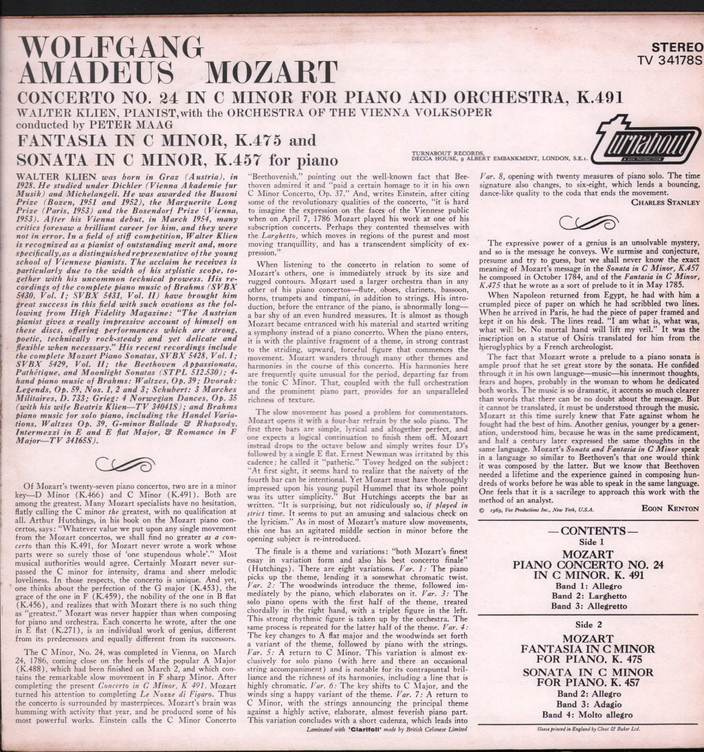 Walter Klien / Peter Maag / Orchestra of the Vienna Volksoper - Mozart - Piano Concerto No 24 In C Minor, K. 491 / Sonata In C Minor, K. 457 / Fantasy In C Minor, K. 475 - Lp