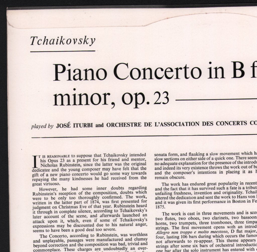 Jose Iturbi / Colonne Orchestra - Tchaikovsky - Piano Concerto in B flat minor - Lp