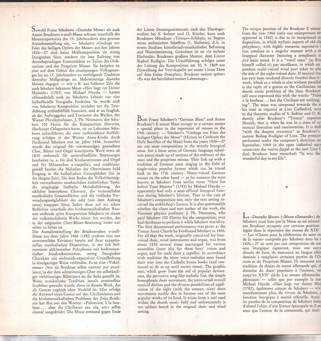 Bergedorfer Kammerchor / Hellmut Wormsbächer - Schubert - Deutsche Messe / Bruckner -Messe E-moll - Lp
