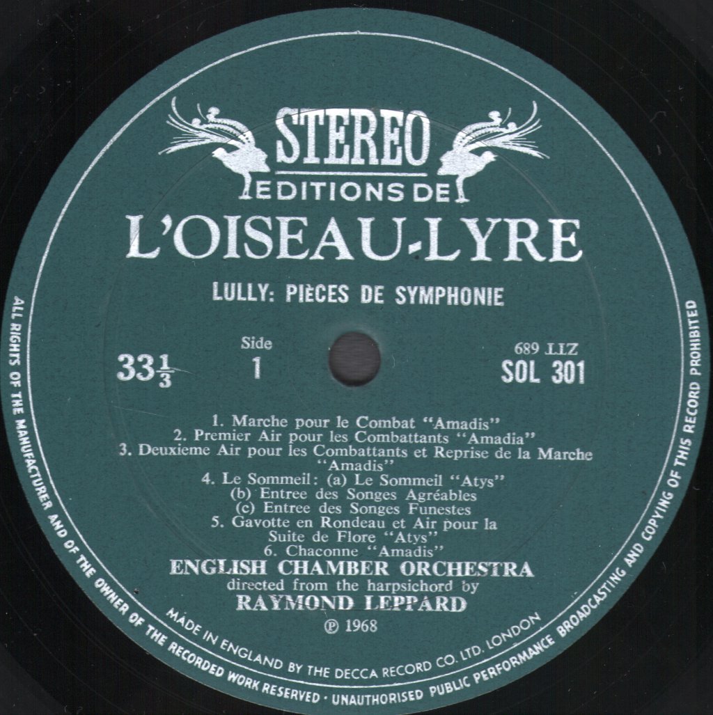 English Chamber Orchestra / Raymond Leppard - Lully - Pièces De Symphonie - Lp