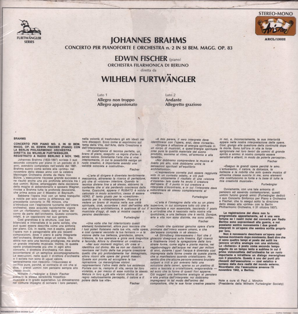 wilhelm furtwangler edwin fischer - brahms concerto per piano e orchestra no 2 - Lp