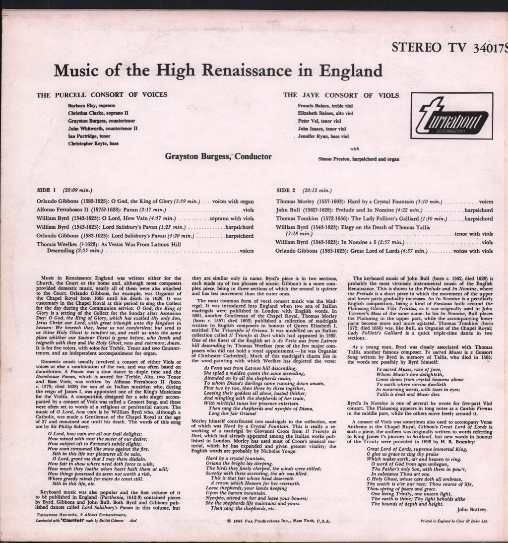 Purcell Consort of Voices / Jaye Consort of Viols - Music Of The High Renaissance In England - Lp