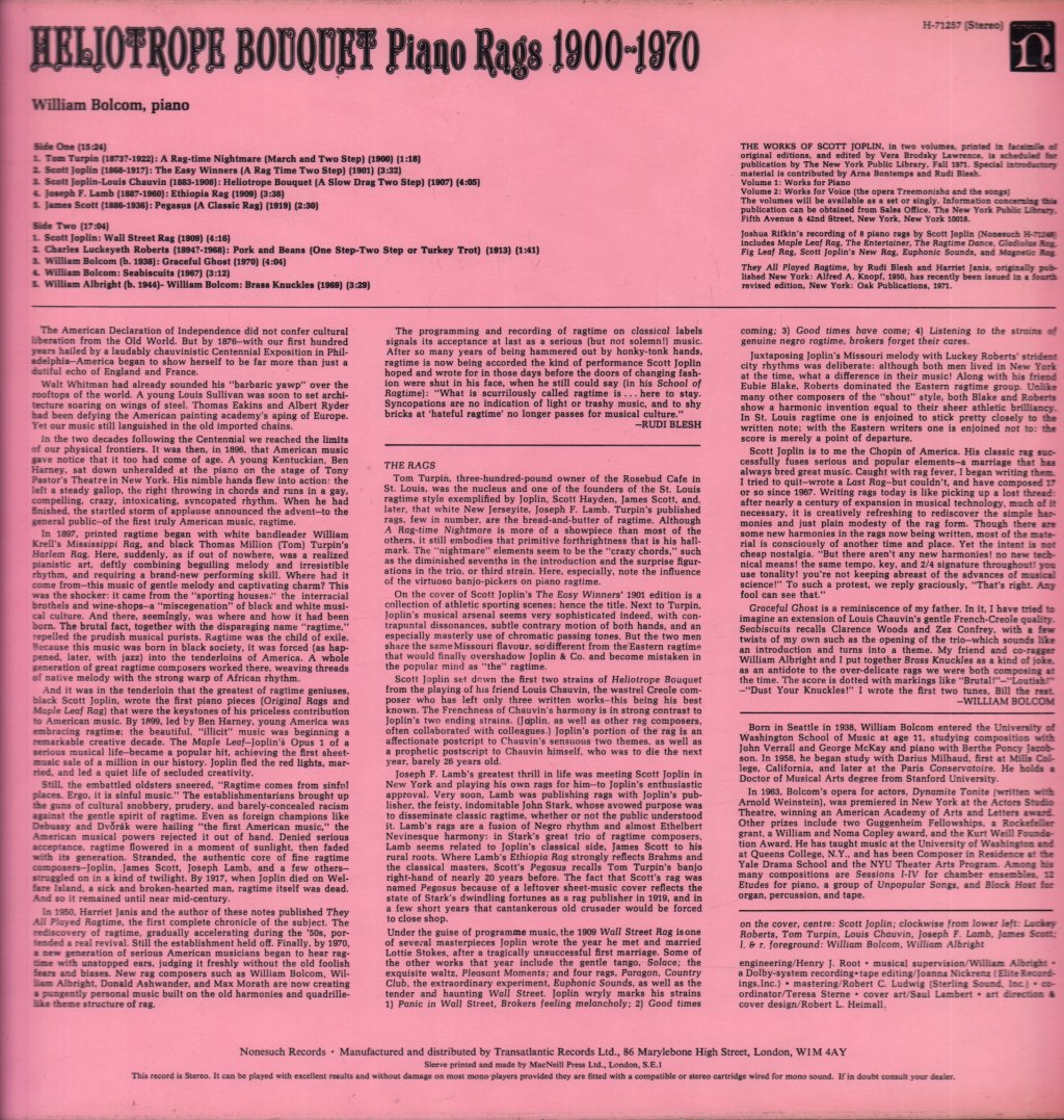 William Bolcom - Heliotrope Bouquet (Piano Rags 1900 - 1970) - Lp