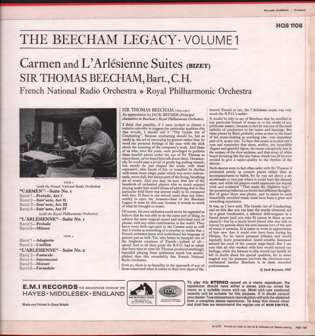 Sir Thomas Beecham / Orchestre National De France / Royal Philharmonic Orchestra - Beecham Legacy Volume 1 - Bizet - Carmen & L'Arlesienne Suites - Lp