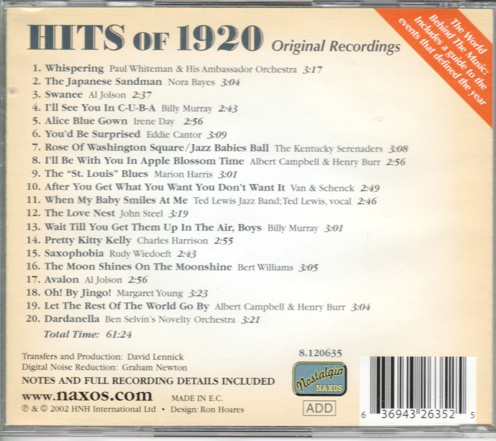 Various Artists - Hits Of 1920 - Cd