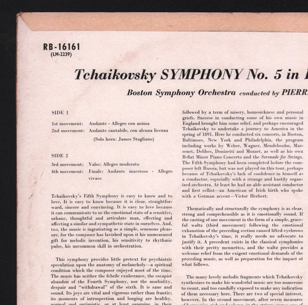 Pierre Monteux / Boston Symphony Orchestra - Tchaikovsky - Symphony No.5 - Lp