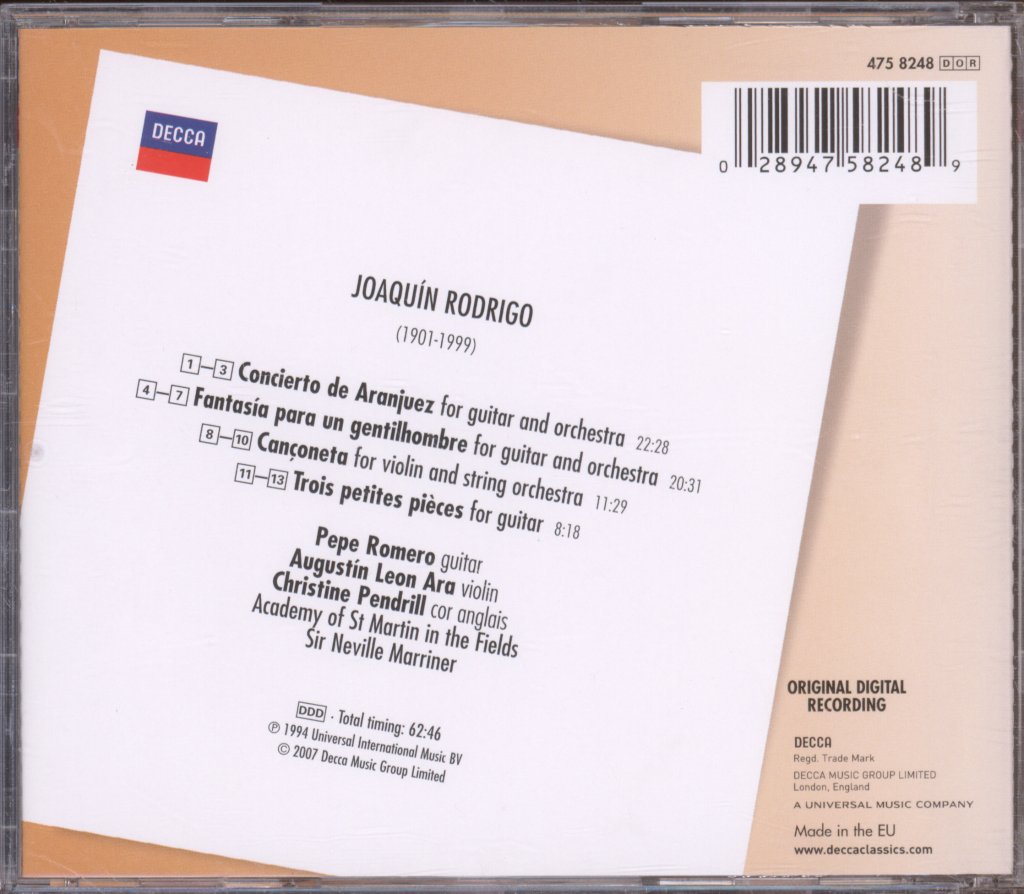 Academy Of St. Martin-in-the-Fields, Sir Neville Marriner - Rodrigo - Concierto De Aranjuez - Fantasia Para Un Gentilhombre - Cd