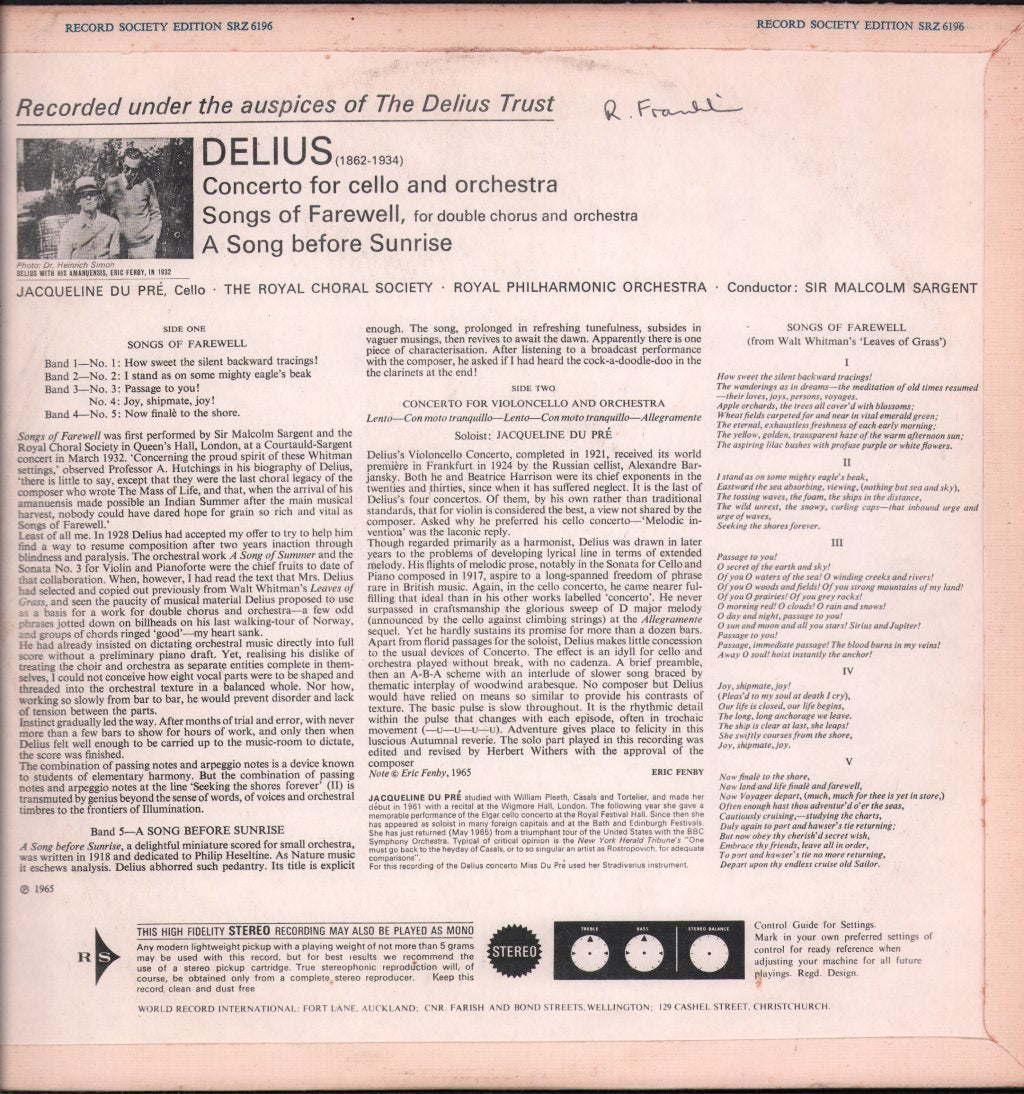 Jacqueline Du Pre / Sir Malcolm Sargent / Royal Choral Society / Royal Philharmonic Orchestra - Delius - Concerto For Cello and Orchestra / Songs of Farewell - Lp