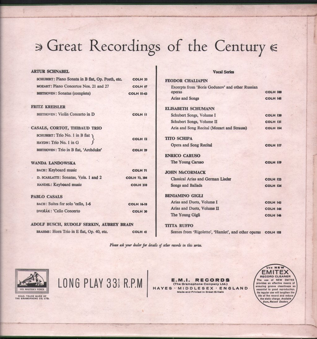 Alfred Cortot / Jacques Thibaud / Pablo Casals - Schubert - Trio In G Major, Op. 73, No. 2 / Haydn - Trio In B Flat Major, Op. 99 Schubert - Lp