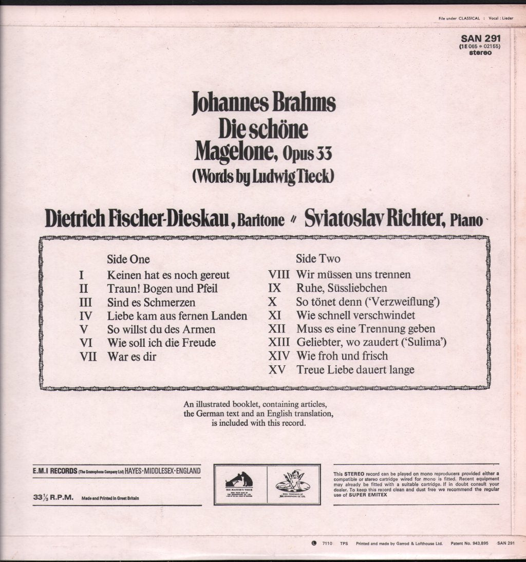 Dietrich Fischer-Dieskau / Sviatoslav Richter - Brahms - Die Schöne Magelone - Lp