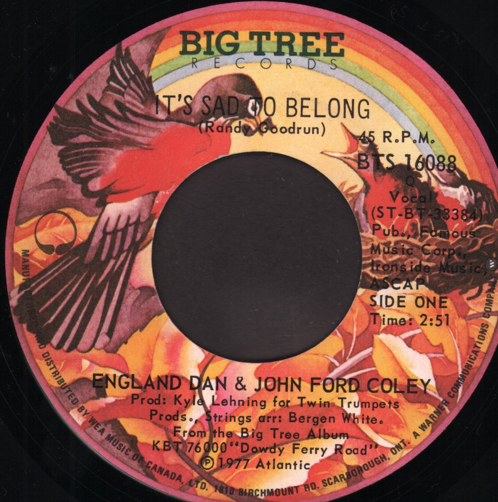 England Dan And John Ford Coley - It's Sad To Belong - 7 Inch