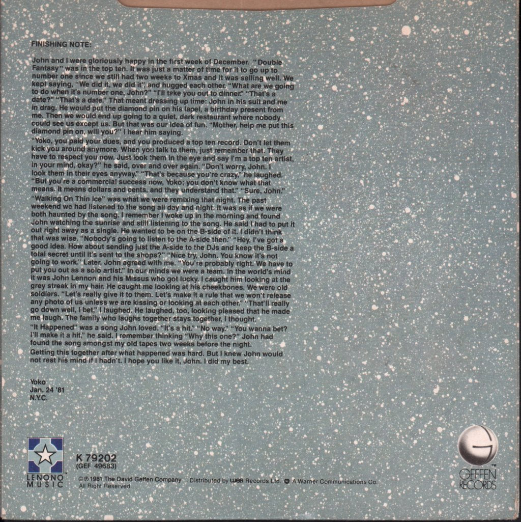 Yoko Ono - Walking On Thin Ice - 7 Inch