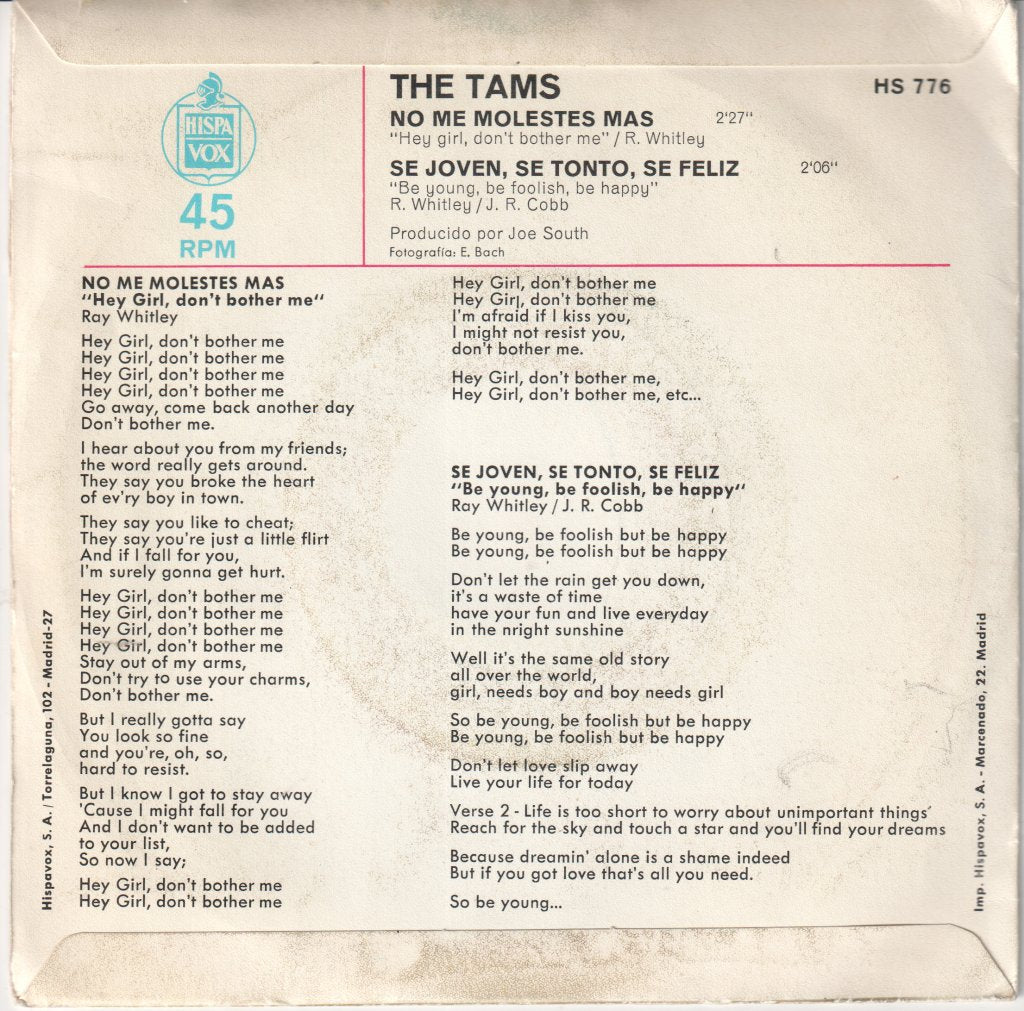 Tams - No Me Molestes Mas / Se Joven, Se Tonto, Se Feliz - 7 Inch